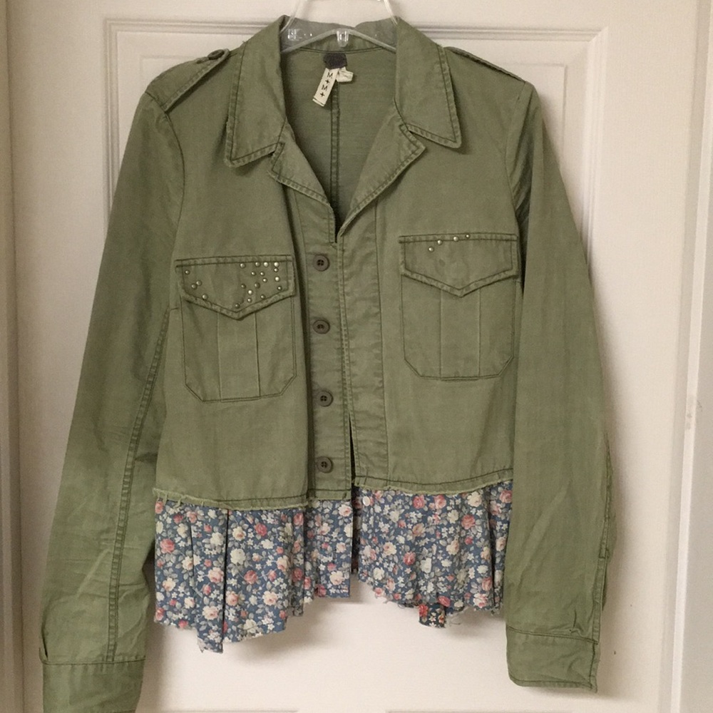 Free People Olive Green jacket with floral peplum